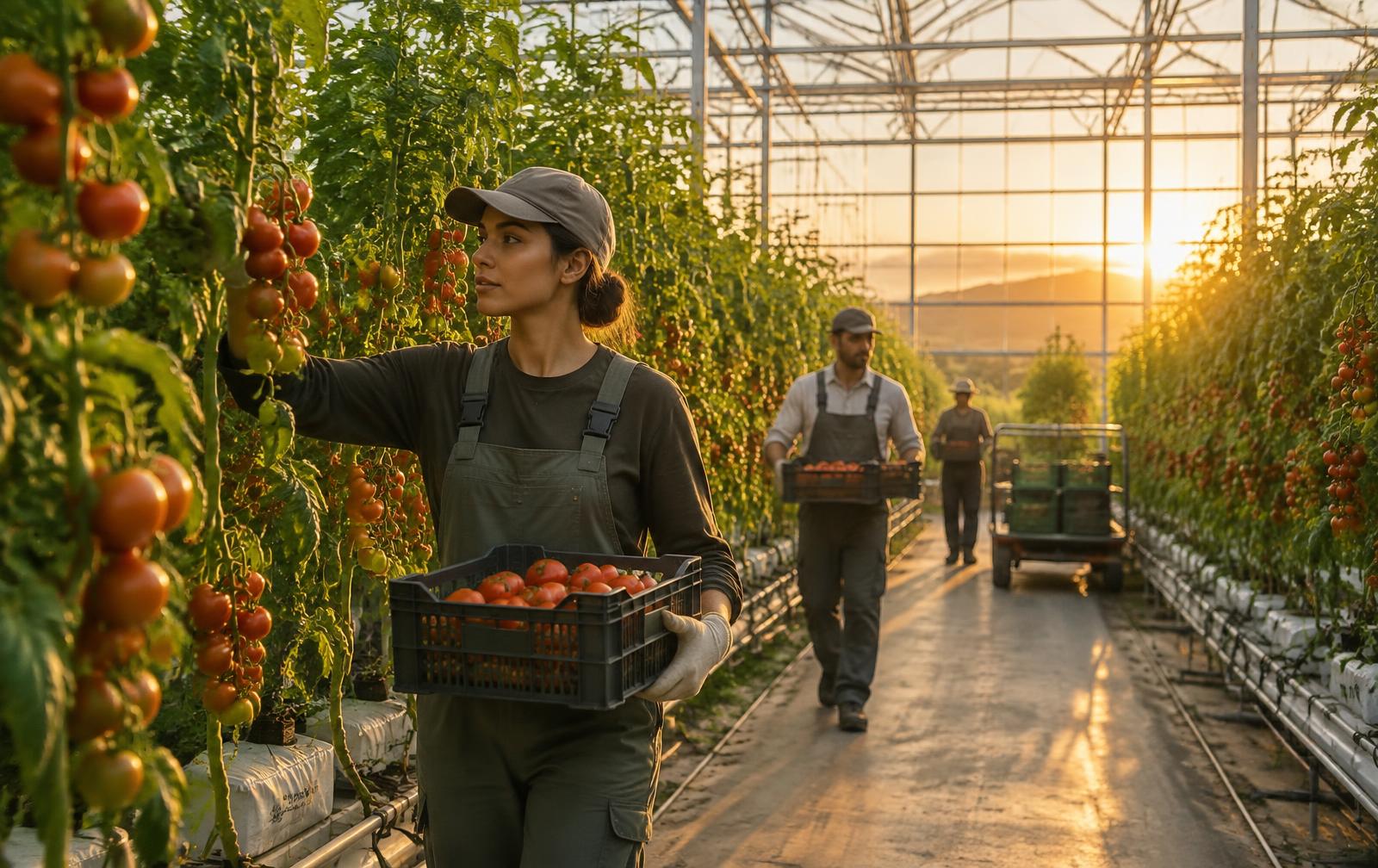 Greenland farm team harvesting tomatoes at golden hour